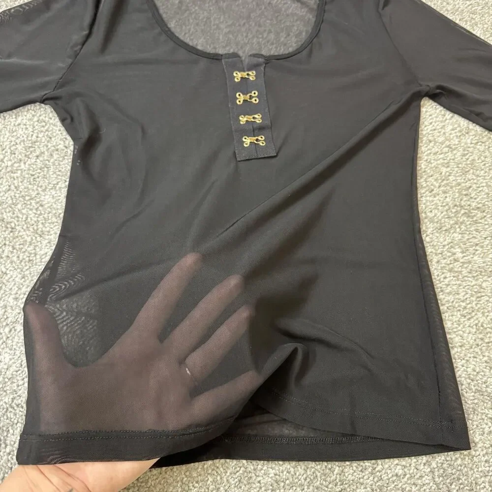 Vintage Top Chic Shirt Womens Large Black Mesh Sheer Top Grunge Punk Metal Goth